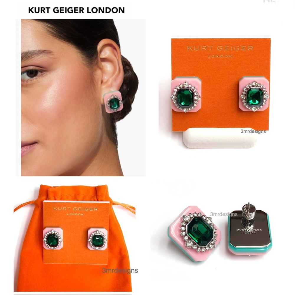 NWT KURT GEIGER LONDON Resin Button Silver Plated CZ Crystals Stud Earrings